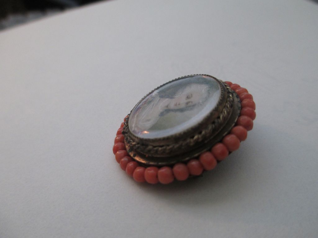 Victorian Portrait Sash Pin with Coral Bead Surround Victorian Portrait Sash Pin with Coral Bead Surround