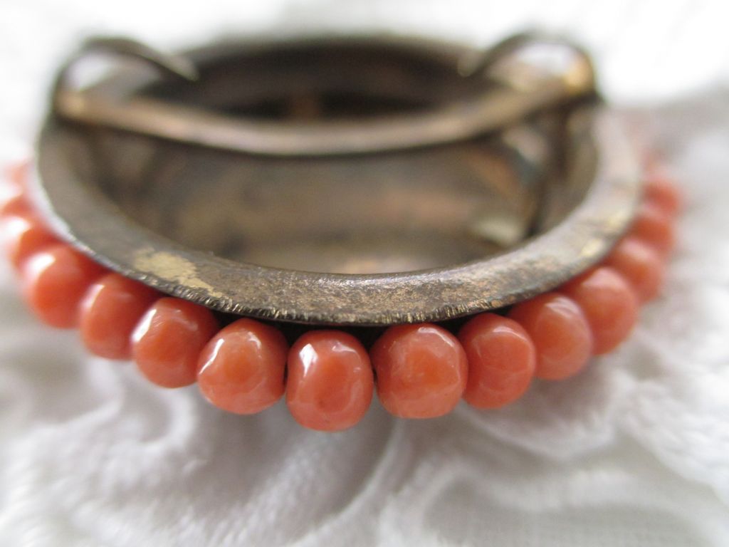 Victorian Portrait Sash Pin with Coral Bead Surround Victorian Portrait Sash Pin with Coral Bead Surround