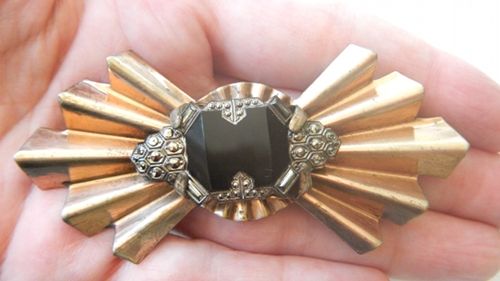Art Deco Era Black Stone and Marcasite Pin Art Deco Era Black Stone and Marcasite Pin