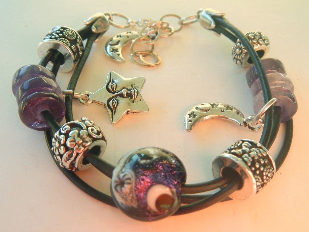 Moon and Stars Lamp Work, Leather and Gemstone Bracelet Moon and Stars Lamp Work, Leather and Gemstone Bracelet