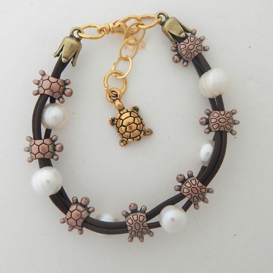 Copper, Brass and Gold Leather and Freshwater Pearl Turtle Bracelet Copper, Brass and Gold Leather and Freshwater Pearl Turtle Bracelet