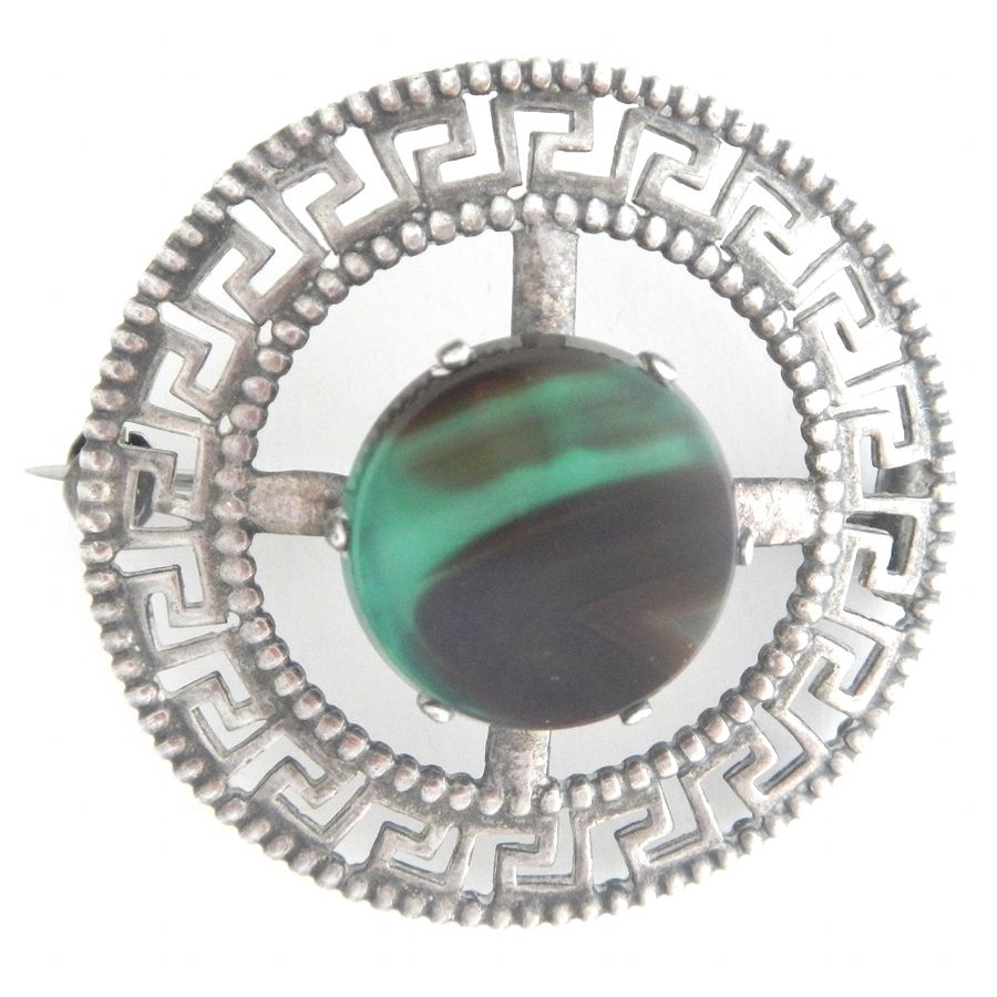Scottish Greek Key Design Silver Pin with Fabulous Green Stone Scottish Greek Key Design Silver Pin with Fabulous Green Stone