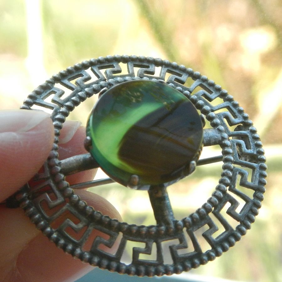 Scottish Greek Key Design Silver Pin with Fabulous Green Stone Scottish Greek Key Design Silver Pin with Fabulous Green Stone