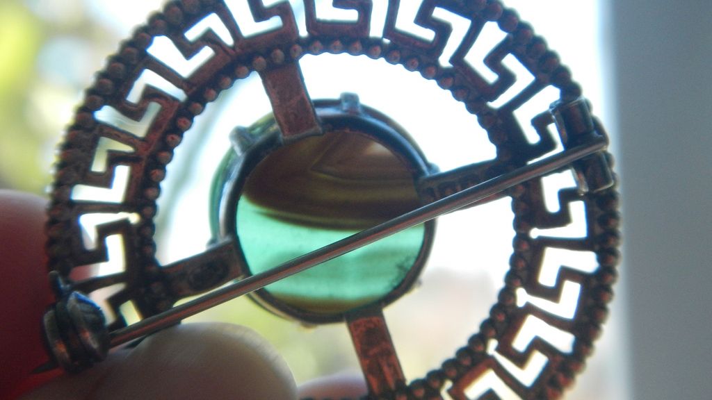 Scottish Greek Key Design Silver Pin with Fabulous Green Stone Scottish Greek Key Design Silver Pin with Fabulous Green Stone