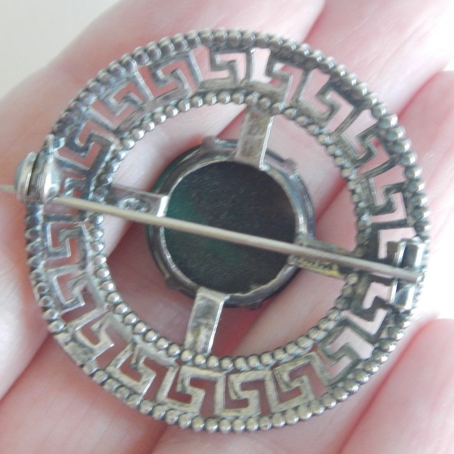 Scottish Greek Key Design Silver Pin with Fabulous Green Stone Scottish Greek Key Design Silver Pin with Fabulous Green Stone