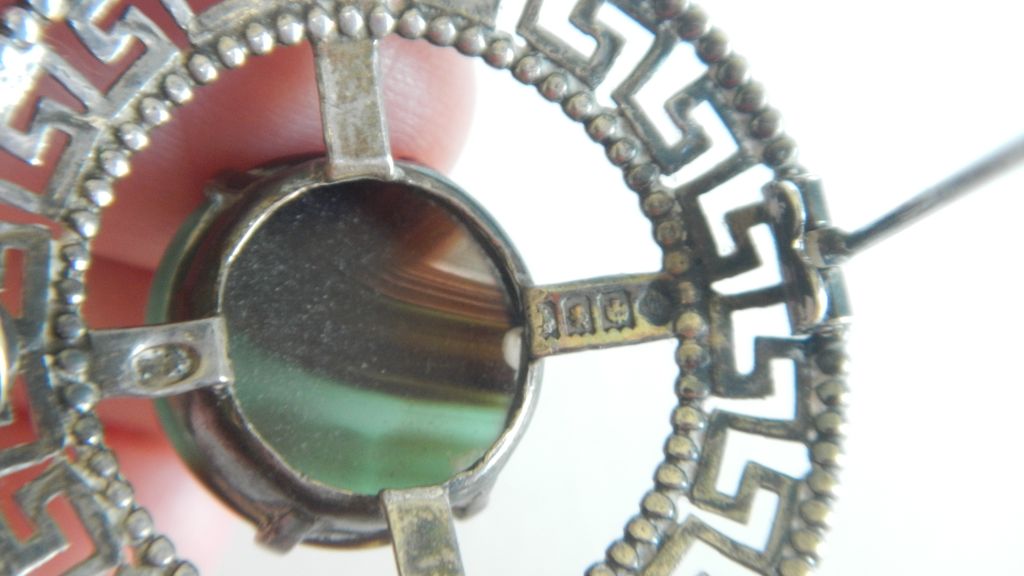 Scottish Greek Key Design Silver Pin with Fabulous Green Stone Scottish Greek Key Design Silver Pin with Fabulous Green Stone