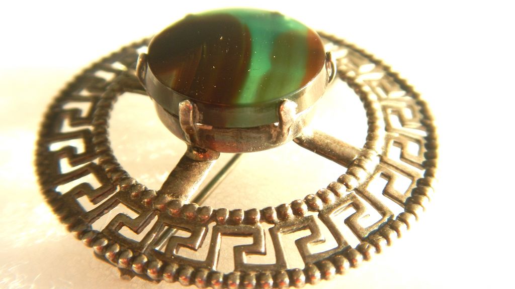 Scottish Greek Key Design Silver Pin with Fabulous Green Stone Scottish Greek Key Design Silver Pin with Fabulous Green Stone