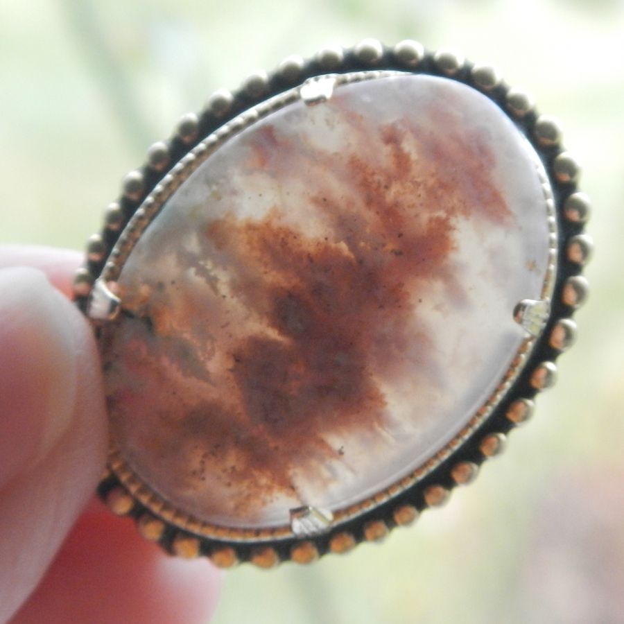 Victorian Pin with Pink Foamy Moss Agate Stone Victorian Pin with Pink Foamy Moss Agate Stone