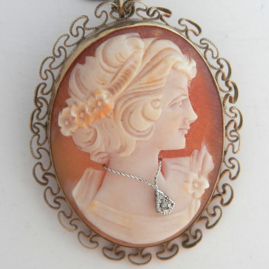 1940's Shell Cameo with Diamond Necklace Pin / Pendant 1940's Shell Cameo with Diamond Necklace Pin / Pendant
