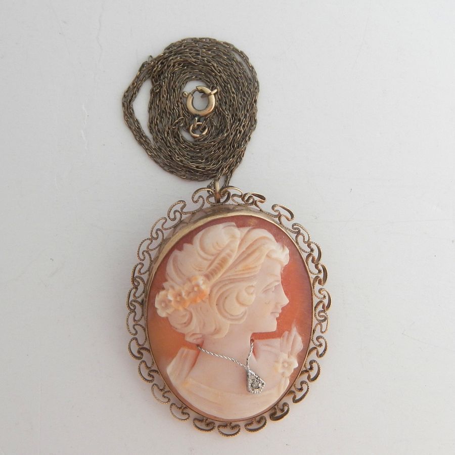 1940's Shell Cameo with Diamond Necklace Pin / Pendant 1940's Shell Cameo with Diamond Necklace Pin / Pendant