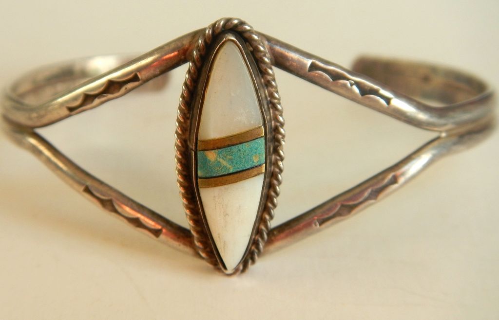 Vintage Sterling Native American Mother of Pearl and Turquise Cuff Hallmark JH Vintage Sterling Native American Mother of Pearl and Turquise Cuff Hallmark JH