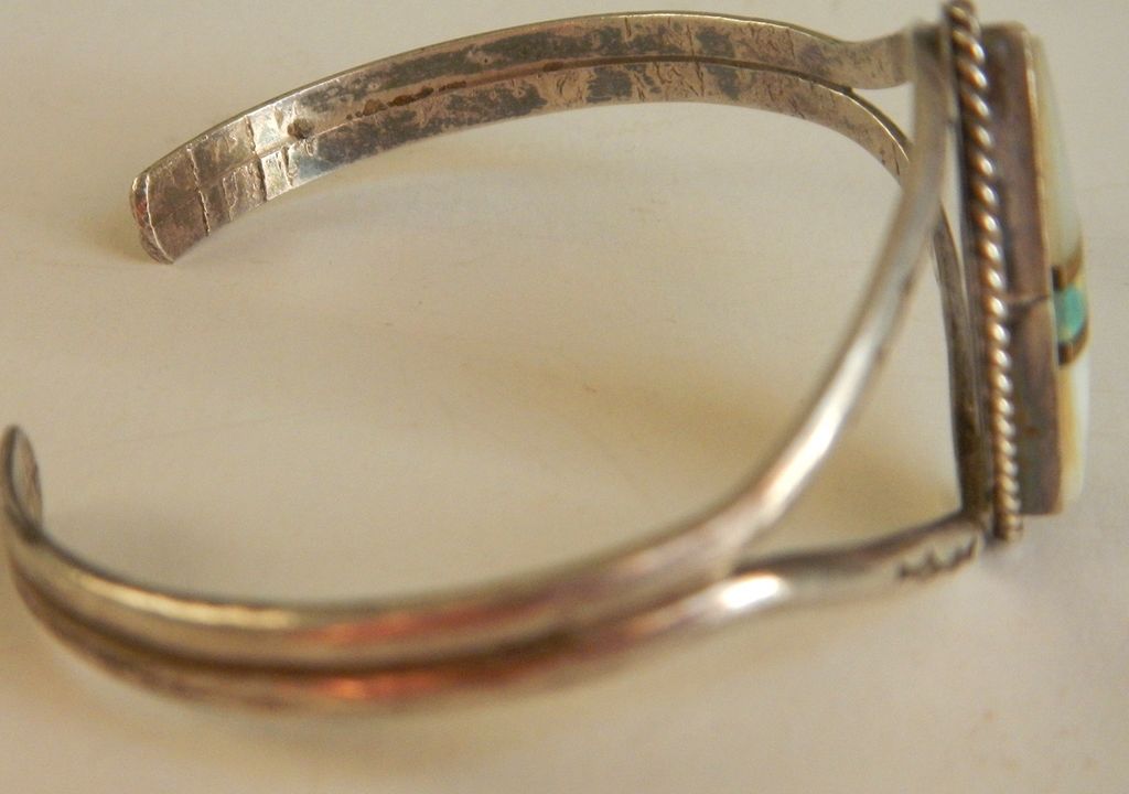 Vintage Sterling Native American Mother of Pearl and Turquise Cuff Hallmark JH Vintage Sterling Native American Mother of Pearl and Turquise Cuff Hallmark JH