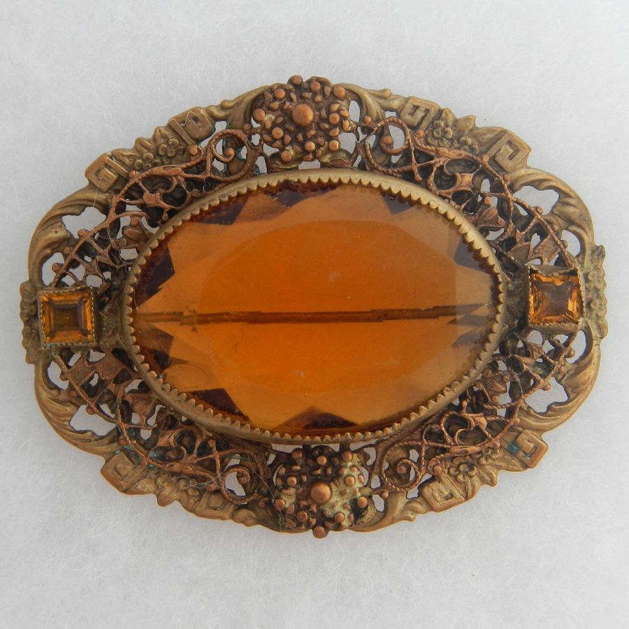 Victorian Fancy Filigree Frame Pin with Large Amber Glass Stone Victorian Fancy Filigree Frame Pin with Large Amber Glass Stone