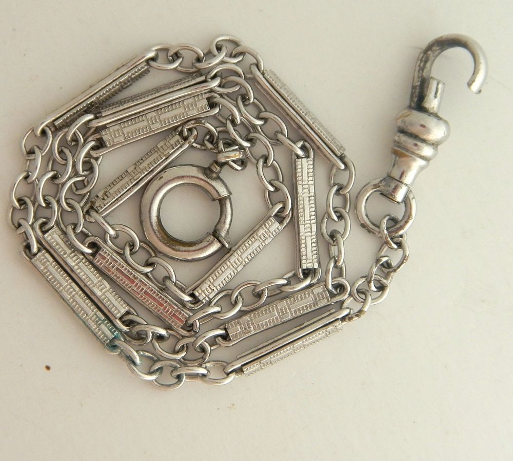 Antique Fancy Watch Chain In Silvertone Antique Fancy Watch Chain In Silvertone
