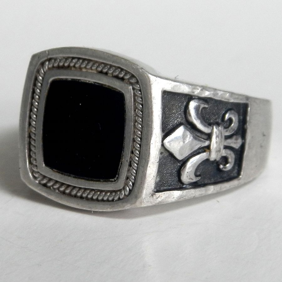 Heavy, Thick Sterling Mens Ring with Fleur de Lis and Black Stone Heavy, Thick Sterling Mens Ring with Fleur de Lis and Black Stone