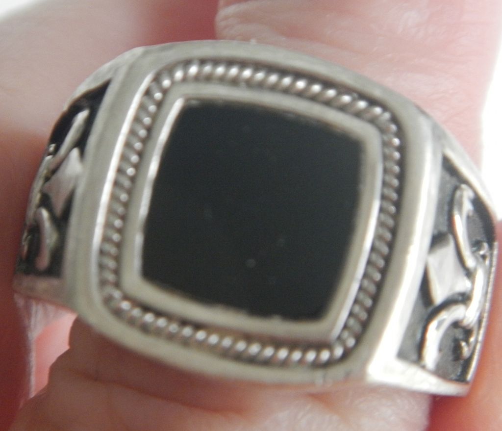 Heavy, Thick Sterling Mens Ring with Fleur de Lis and Black Stone Heavy, Thick Sterling Mens Ring with Fleur de Lis and Black Stone