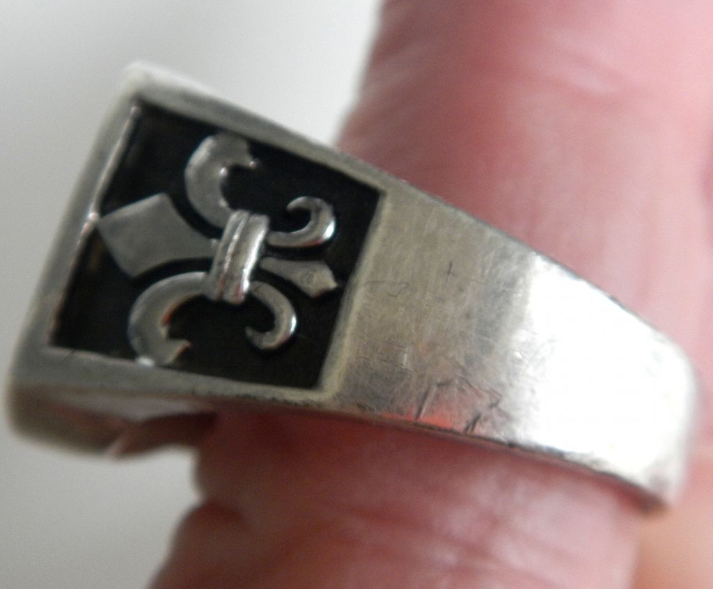 Heavy, Thick Sterling Mens Ring with Fleur de Lis and Black Stone Heavy, Thick Sterling Mens Ring with Fleur de Lis and Black Stone