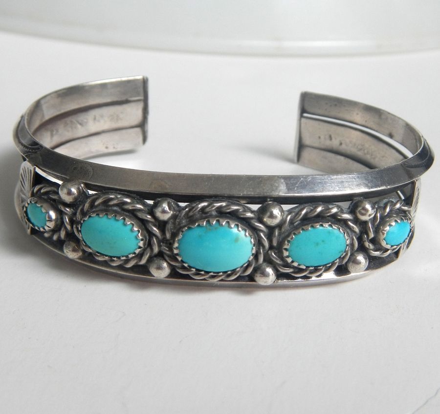 Sterling Native American 5 Stone Bracelet with Gorgeous Robins Egg Blue Turquoise Stones Sterling Native American 5 Stone Bracelet with Gorgeous Robins Egg Blue Turquoise Stones