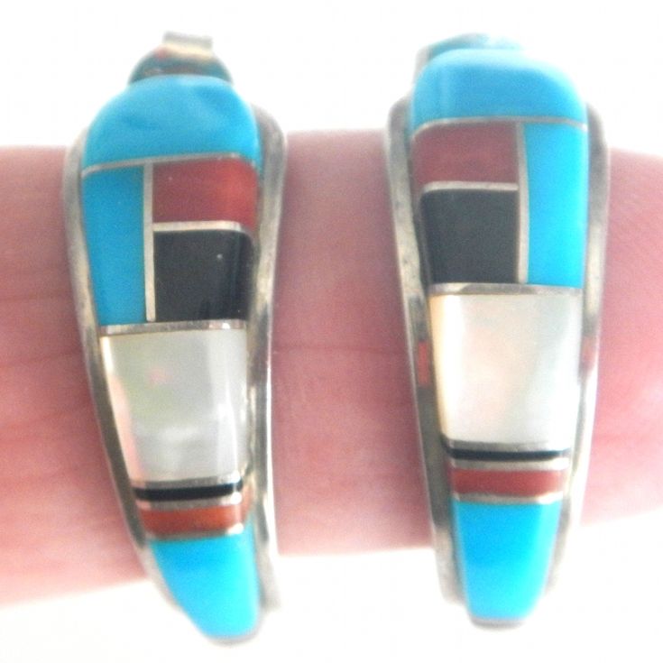 Zuni Inlay Hoop Earrings Sterling, Turquoise, MOP, Coral, Onyx Zuni Inlay Hoop Earrings Sterling, Turquoise, MOP, Coral, Onyx