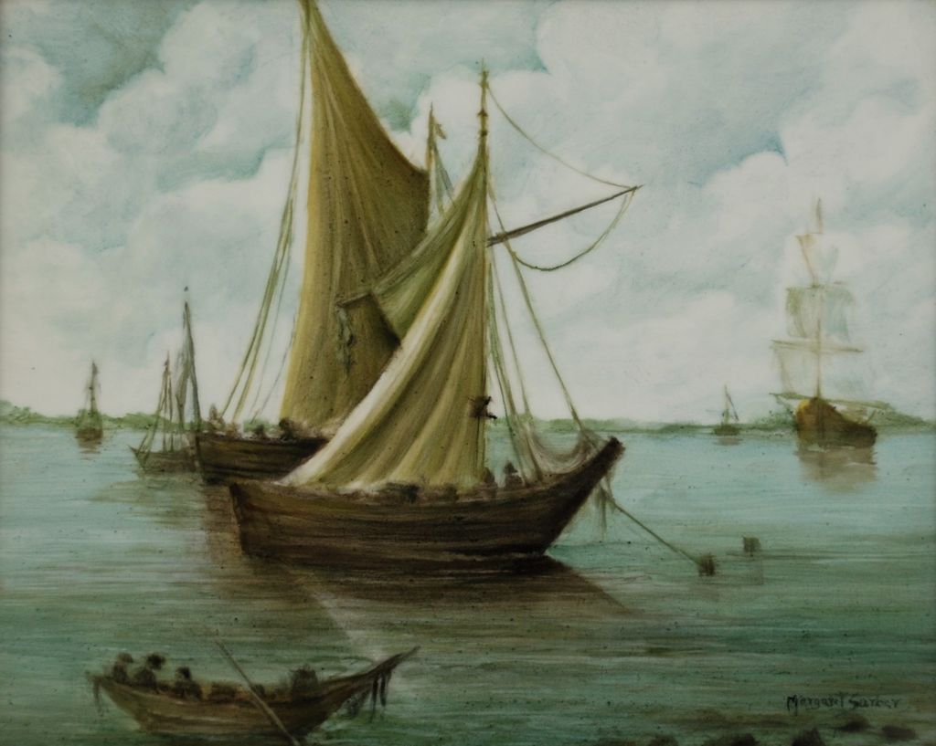 Hand Painted Porcelain Tile of Sailing Ships by Surber Hand Painted Porcelain Tile of Sailing Ships by Surber