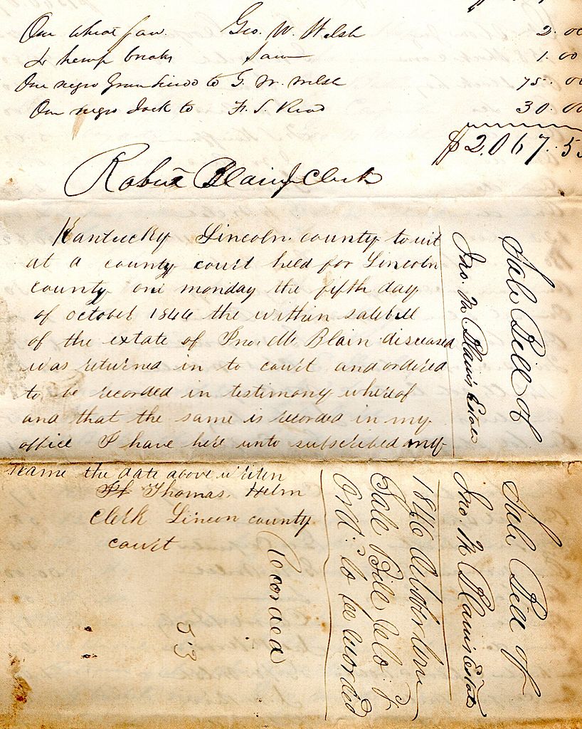 Bill of Sale, Slaves for Lincoln County, Kentucky Estate, Circa 1845-1846 Bill of Sale, Slaves for Lincoln County, Kentucky Estate, Circa 1845-1846