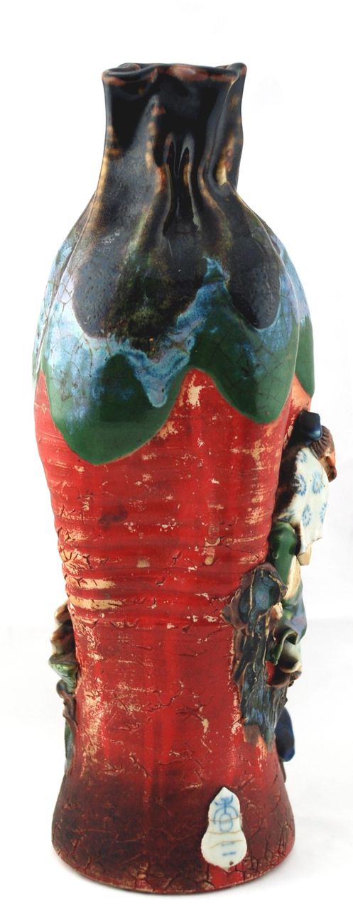 Japanese Pottery Tall Sumida Gawa Vase With Two Men Japanese Pottery Tall Sumida Gawa Vase With Two Men