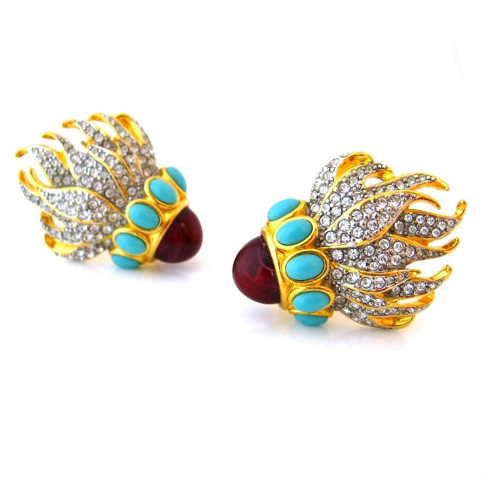 ELIZABETH TAYLOR Eternal Flame Cabochon Rhinestone Earrings - Signed Avon 1993 ELIZABETH TAYLOR Eternal Flame Cabochon Rhinestone Earrings - Signed Avon 1993