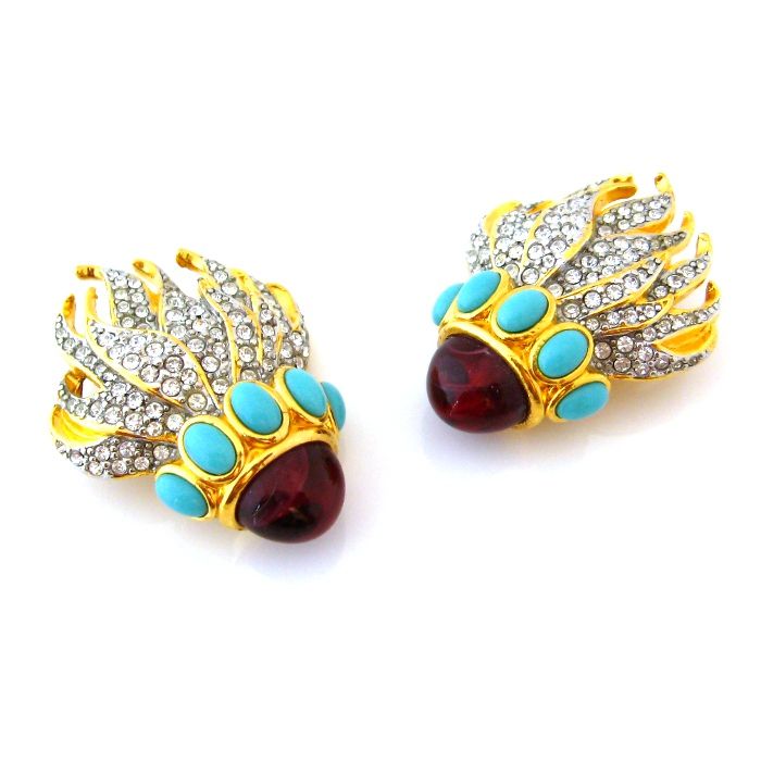 ELIZABETH TAYLOR Eternal Flame Cabochon Rhinestone Earrings - Signed Avon 1993 ELIZABETH TAYLOR Eternal Flame Cabochon Rhinestone Earrings - Signed Avon 1993