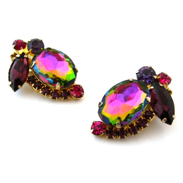 JULIANA Heliotrope Watermelon Rhinestone Earrings - Vintage D&E DeLizza Elster Clip On JULIANA Heliotrope Watermelon Rhinestone Earrings - Vintage D&E DeLizza Elster Clip On