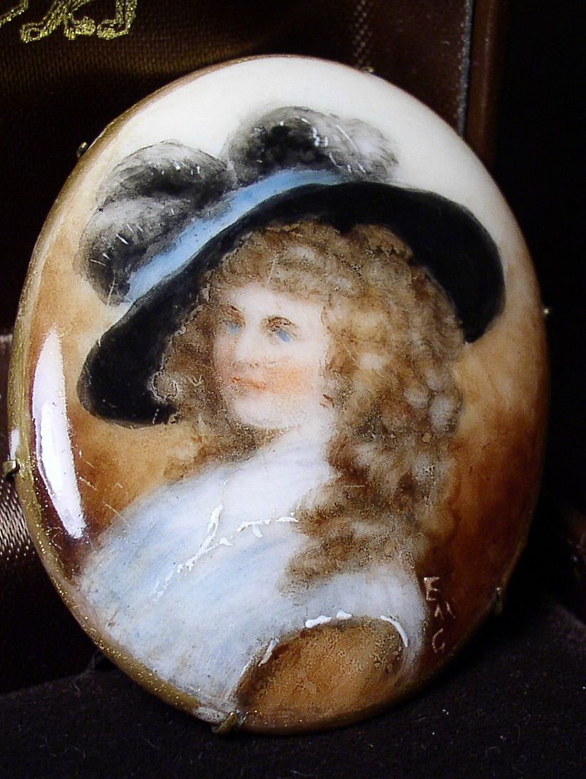 Gainsborough Girl Porcelain Portrait Miniature Brooch Signed Gainsborough Girl Porcelain Portrait Miniature Brooch Signed