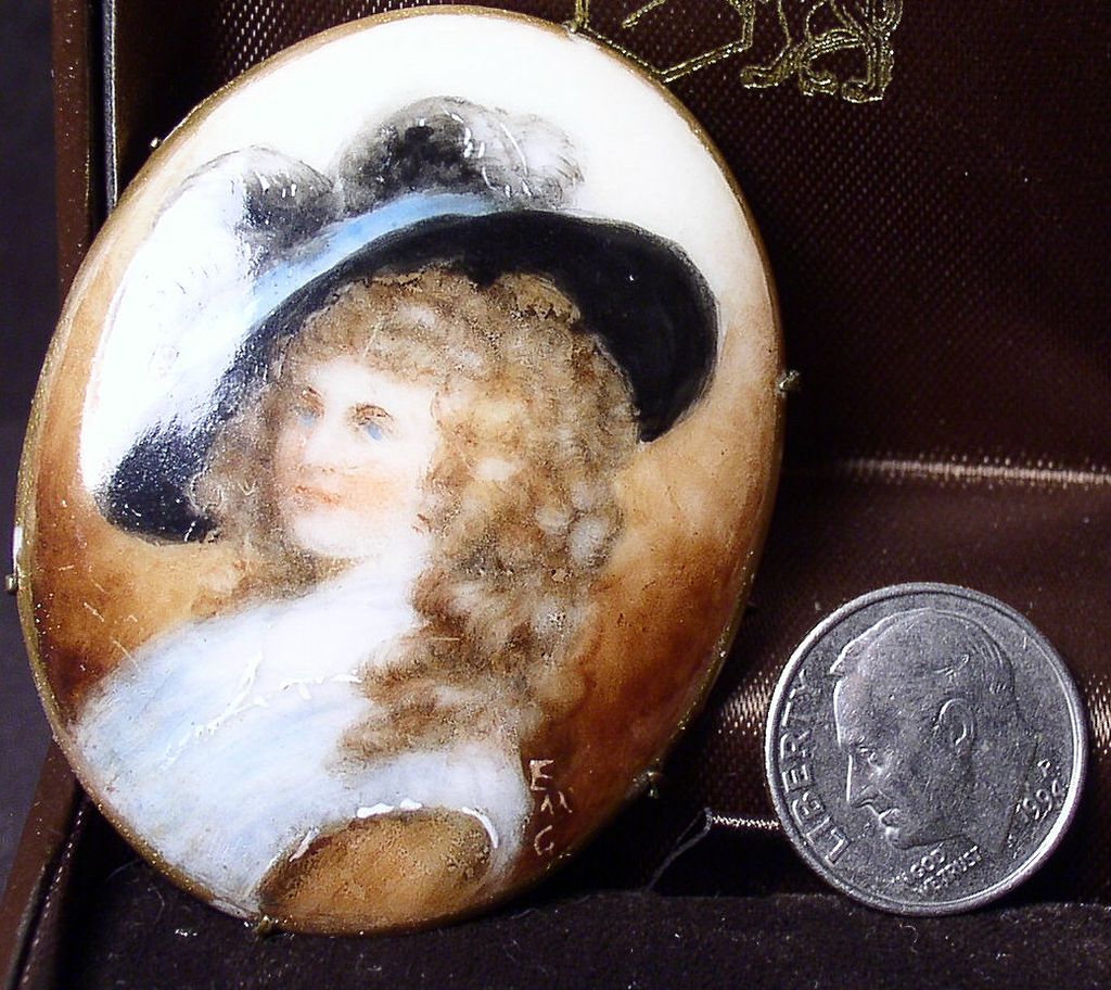 Gainsborough Girl Porcelain Portrait Miniature Brooch Signed Gainsborough Girl Porcelain Portrait Miniature Brooch Signed