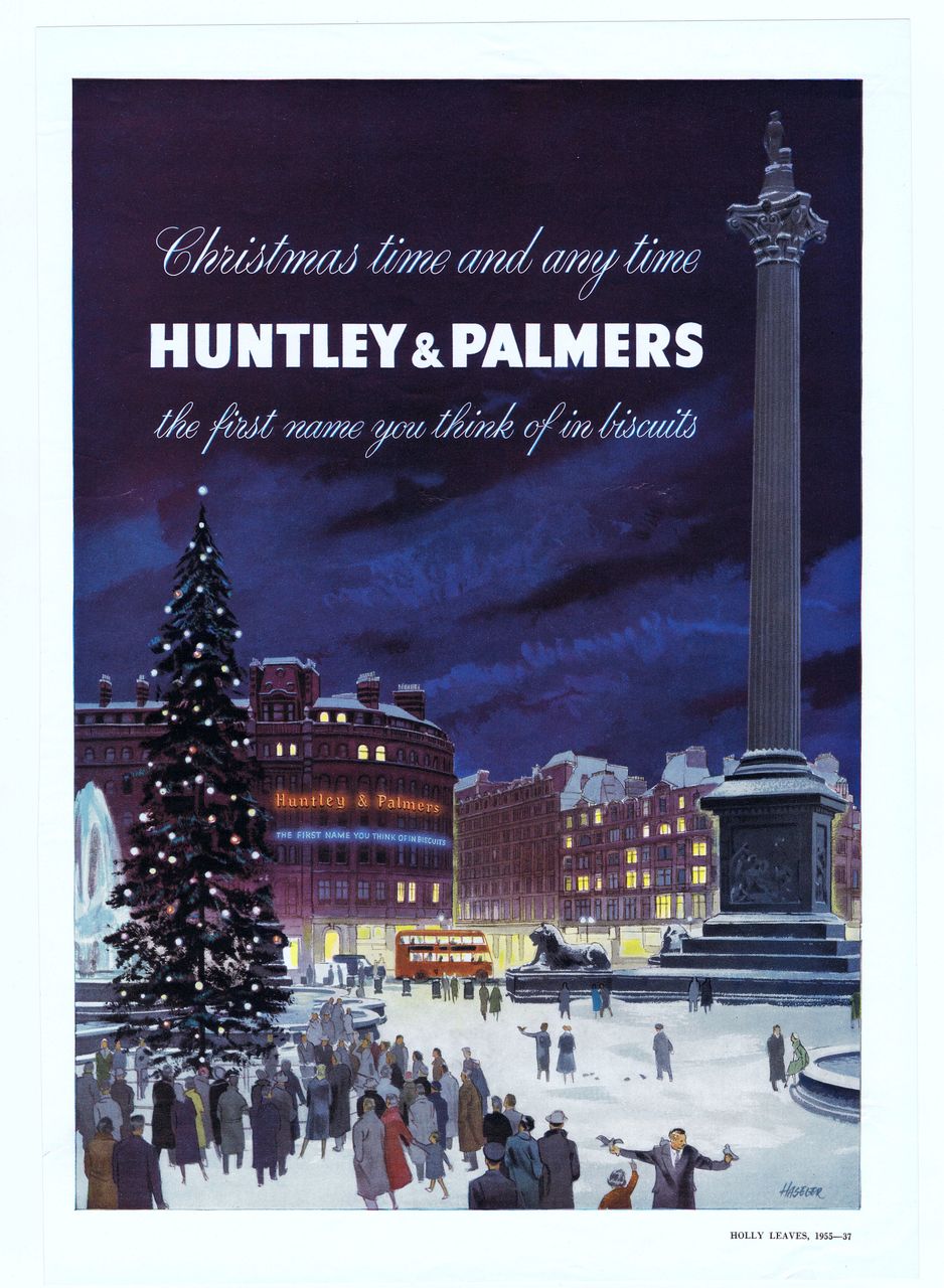 1955 CHRISTMAS Ad - Huntley & Palmers Biscuits ~ 'Trafalgar Square at Night' 1955 CHRISTMAS Ad - Huntley & Palmers Biscuits ~ 'Trafalgar Square at Night'