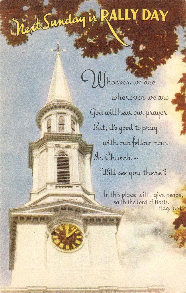 Vintage Unused Sunday School RALLY DAY POSTCARD ~ 'Church Spire' Vintage Unused Sunday School RALLY DAY POSTCARD ~ 'Church Spire'