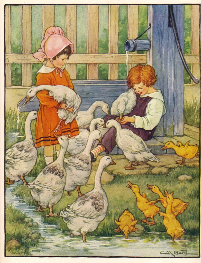 'Children Feeding Ducks & Geese' - Vintage CLARA M BURD Artist-Signed PRINT ~ c.1920s 'Children Feeding Ducks & Geese' - Vintage CLARA M BURD Artist-Signed PRINT ~ c.1920s