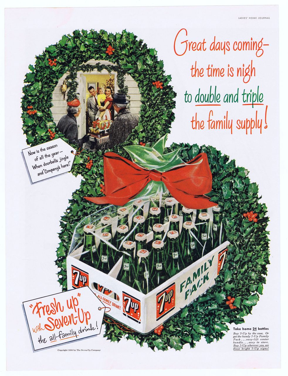 1954 Christmas Ad - 7Up SEVEN-UP ~ Double Wreath Family Pack 1954 Christmas Ad - 7Up SEVEN-UP ~ Double Wreath Family Pack