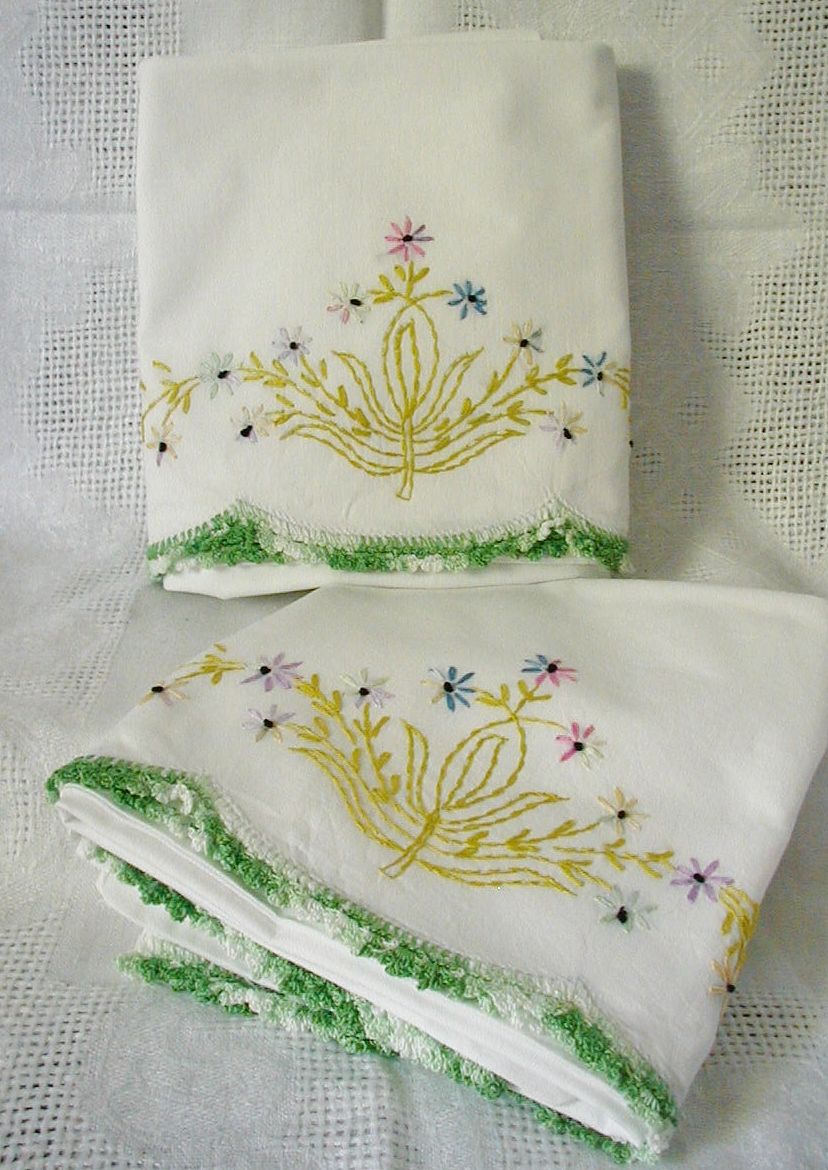 Hand Embroidered Pillow Cases Floral Pattern Variegated Crochet Border Hand Embroidered Pillow Cases Floral Pattern Variegated Crochet Border