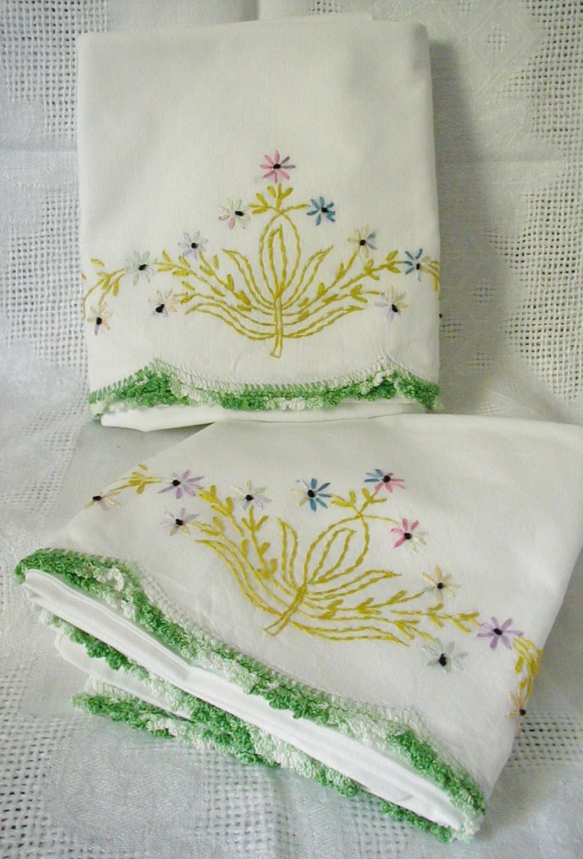 Hand Embroidered Pillow Cases Floral Pattern Variegated Crochet Border Hand Embroidered Pillow Cases Floral Pattern Variegated Crochet Border
