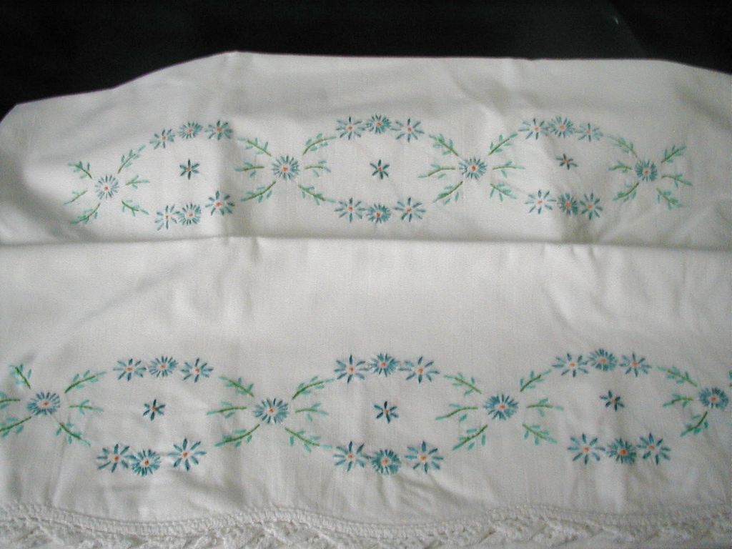 Vintage Hand Embroidered Floral Pillowcases Pillow Cases Hand Crochet Edge Vintage Hand Embroidered Floral Pillowcases Pillow Cases Hand Crochet Edge