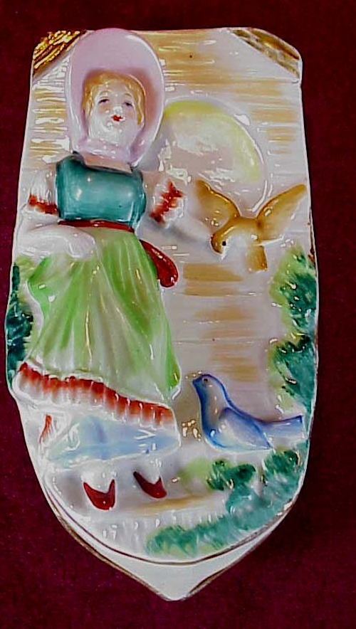 Occupied Japan Wall Pocket, Young Lady and Birds Occupied Japan Wall Pocket, Young Lady and Birds