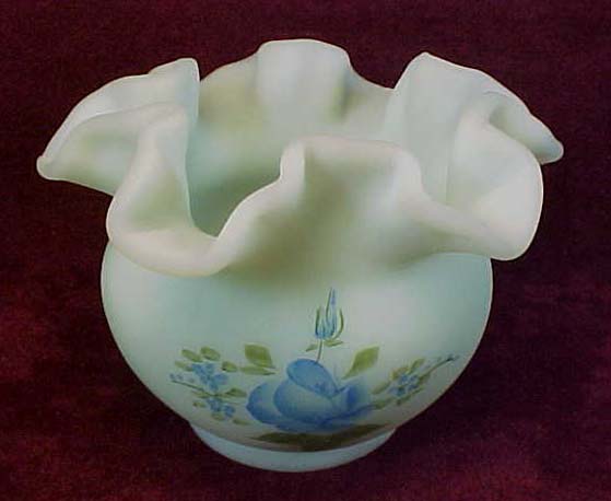 Fenton's Blue Roses on Blue Satin Ruffled Bowl - #7288BS Fenton's Blue Roses on Blue Satin Ruffled Bowl - #7288BS