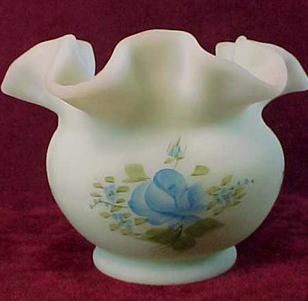 Fenton's Blue Roses on Blue Satin Ruffled Bowl - #7288BS Fenton's Blue Roses on Blue Satin Ruffled Bowl - #7288BS