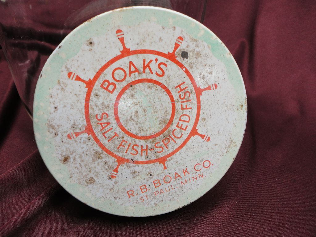 Boak's Salt Fish/Spiced Fish Big-Mouthed Hazel Atlas Jar and Original Lid Boak's Salt Fish/Spiced Fish Big-Mouthed Hazel Atlas Jar and Original Lid