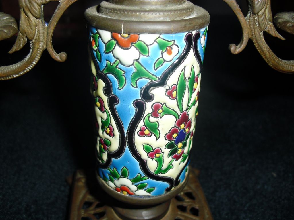 Rare Victorian Brass Double Candlesticks w Longwy Cylinders Rare Victorian Brass Double Candlesticks w Longwy Cylinders
