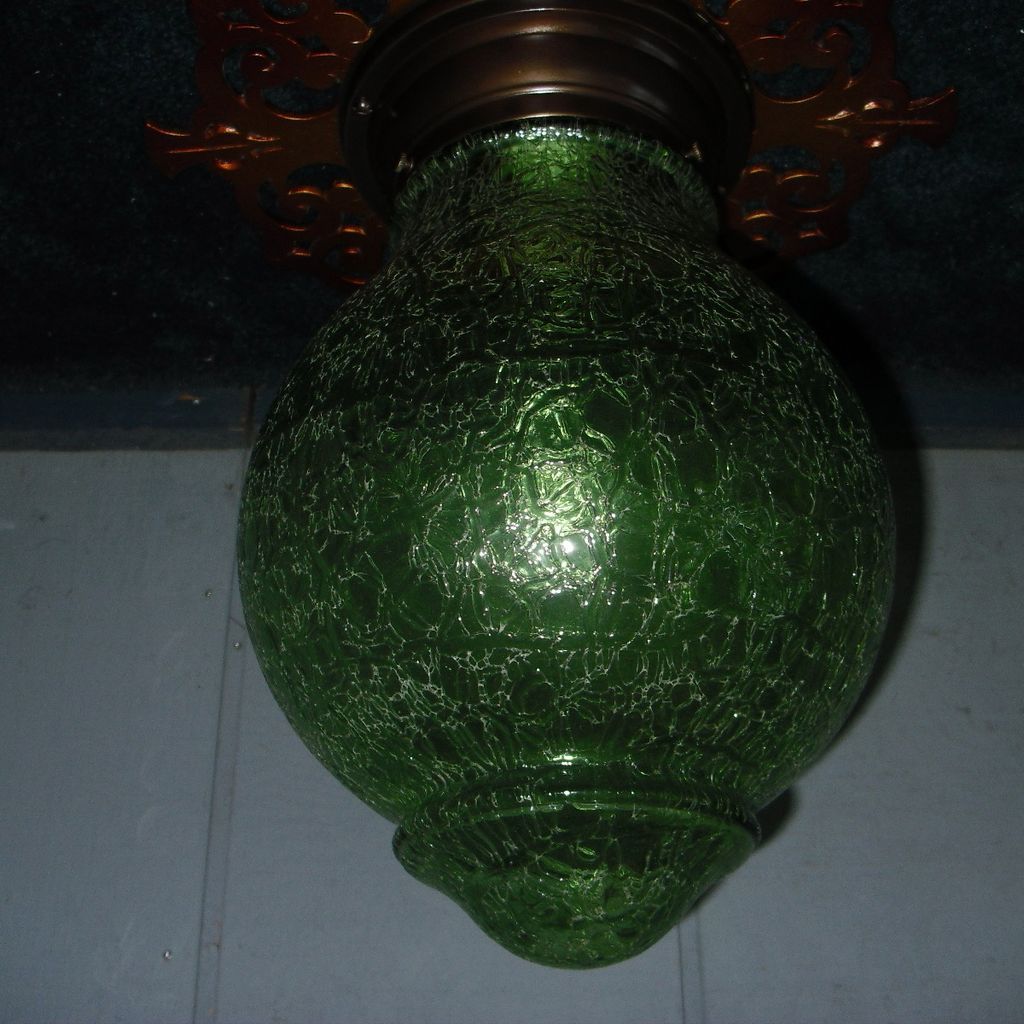 Art Deco Ceiling Light Fixture w Green Crackle Glass Shade -2 Art Deco Ceiling Light Fixture w Green Crackle Glass Shade -2
