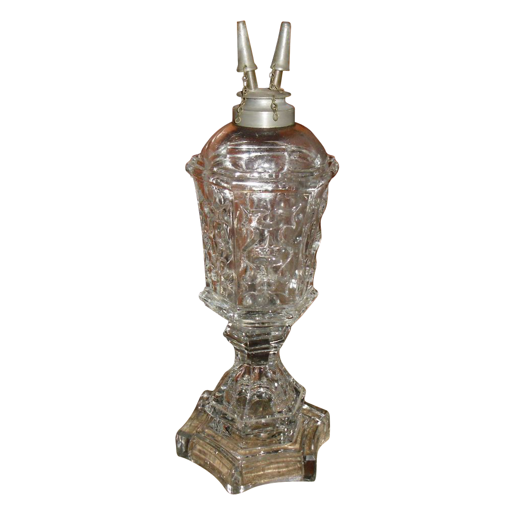 Flint Glass Whale Oil Lamp Pewter Camphene Burner from