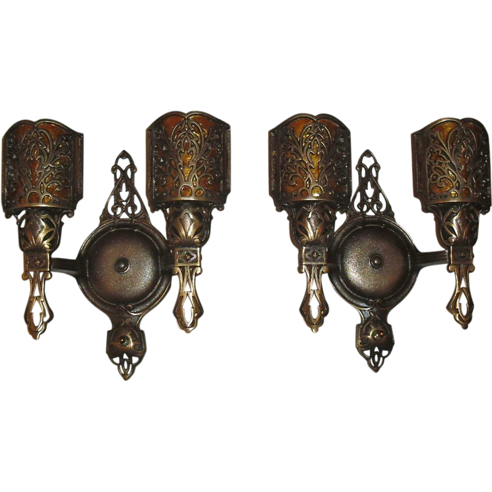 Decorative Cast Bronze Two Light Wall Sconces w Mica Shields from sherlocksantiquelights on Ruby ...