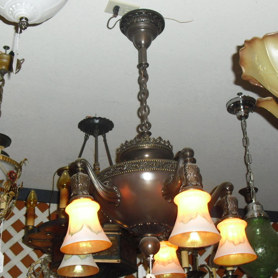 Classic 5 Light Cast Brass Chandelier with Steuben Pulled Feather Art Glass Shades Classic 5 Light Cast Brass Chandelier with Steuben Pulled Feather Art Glass Shades