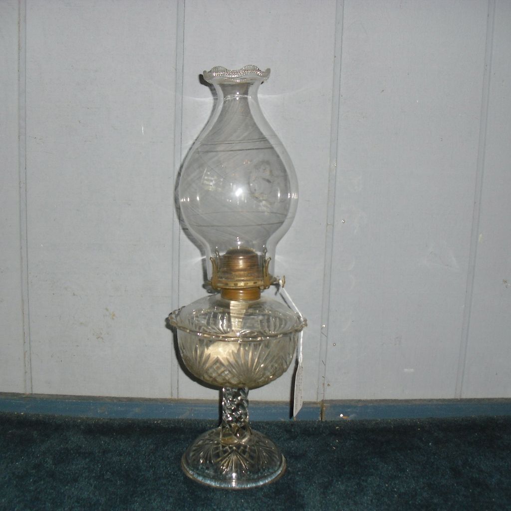 EAPG Burne Pattern Kerosene Oil Lamp w Antique Chimney EAPG Burne Pattern Kerosene Oil Lamp w Antique Chimney