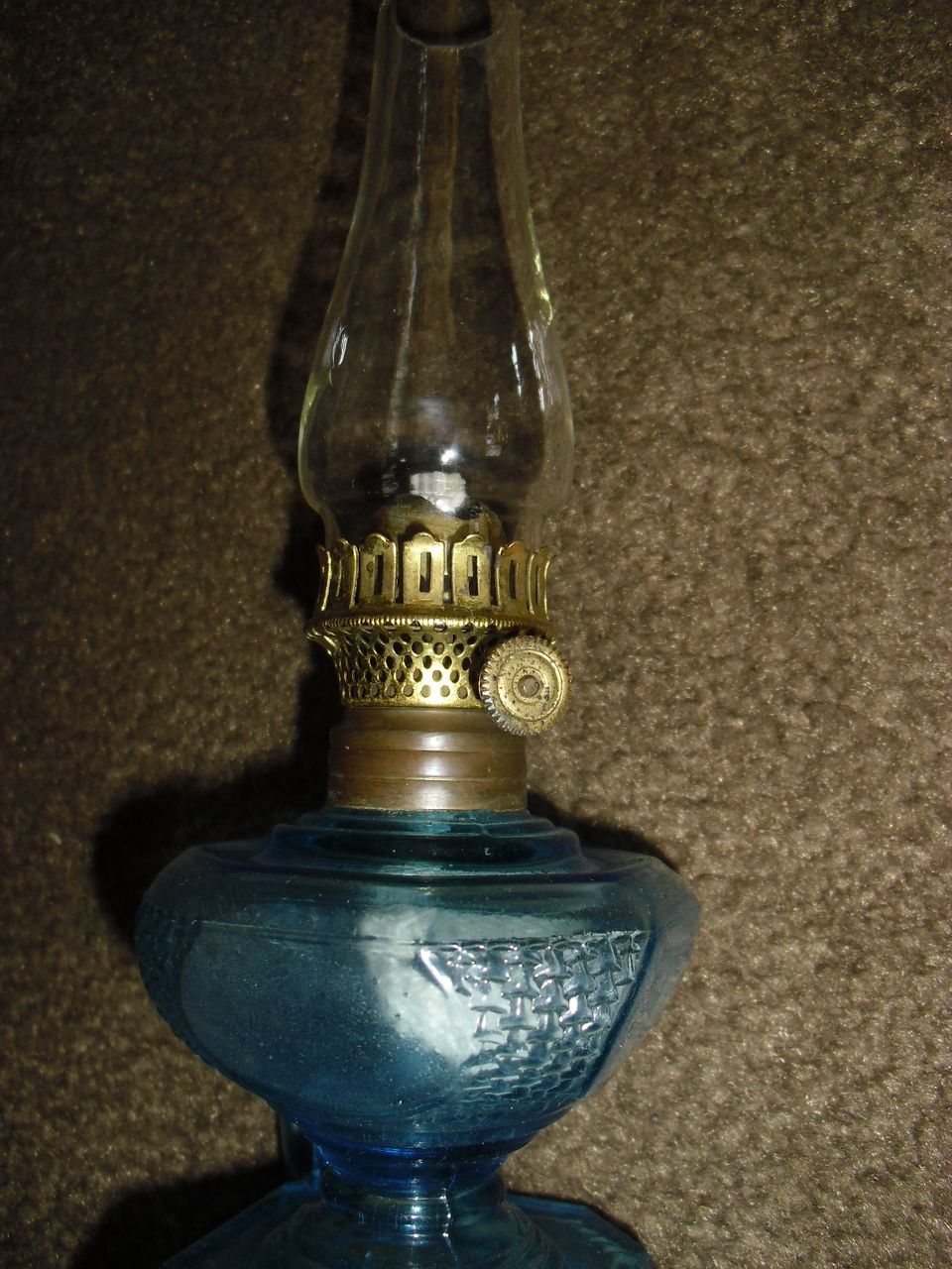 Miniature Kerosene Oil Finger Lamp - Embossed Blue Glass Miniature Kerosene Oil Finger Lamp - Embossed Blue Glass