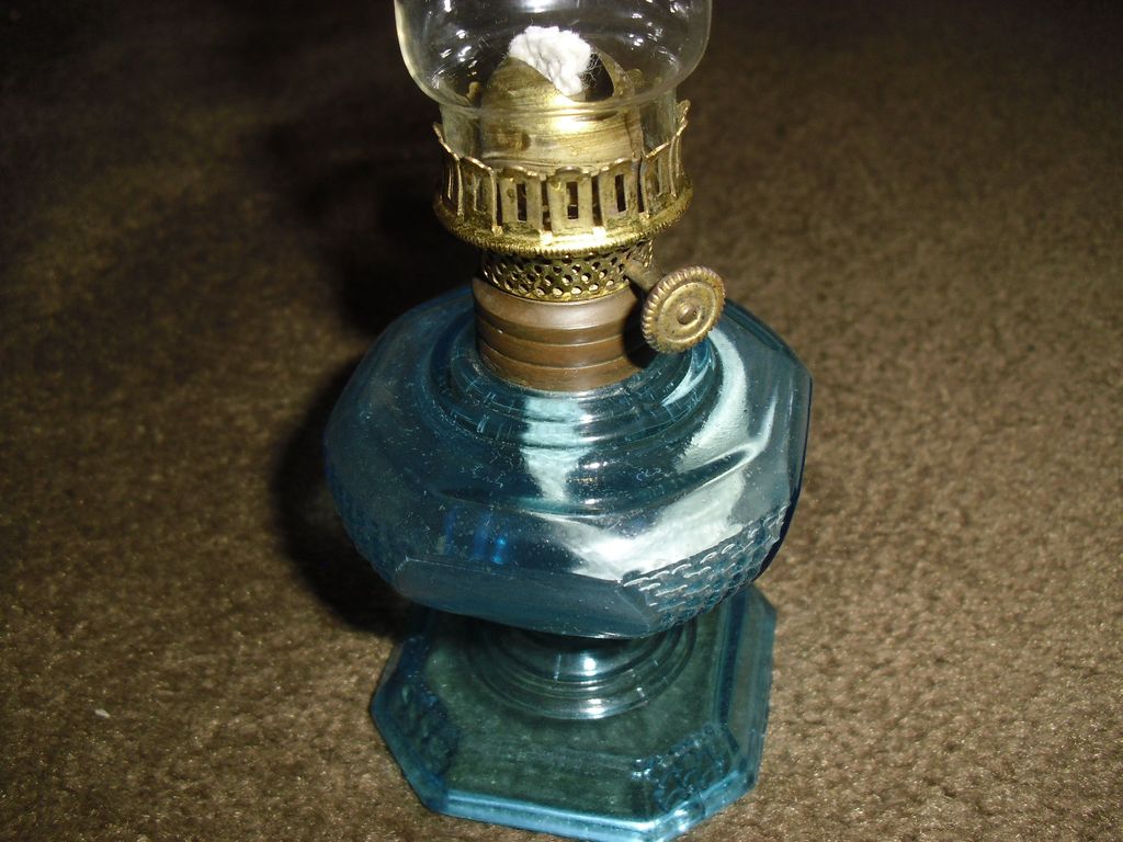 Miniature Kerosene Oil Finger Lamp - Embossed Blue Glass Miniature Kerosene Oil Finger Lamp - Embossed Blue Glass